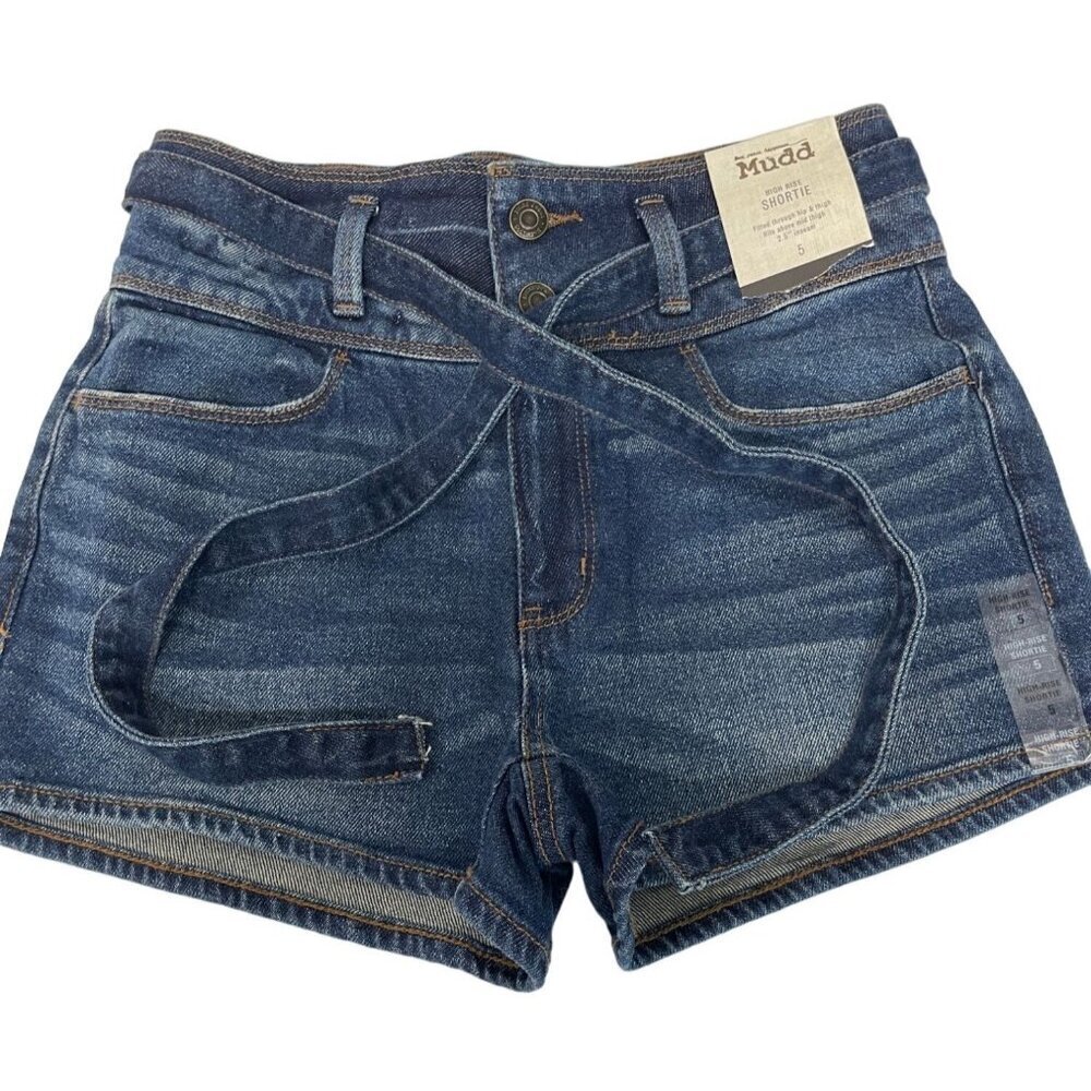 Mudd Women's High Rise Shortie Denim Shorts with Tie Waist Accent Size 5